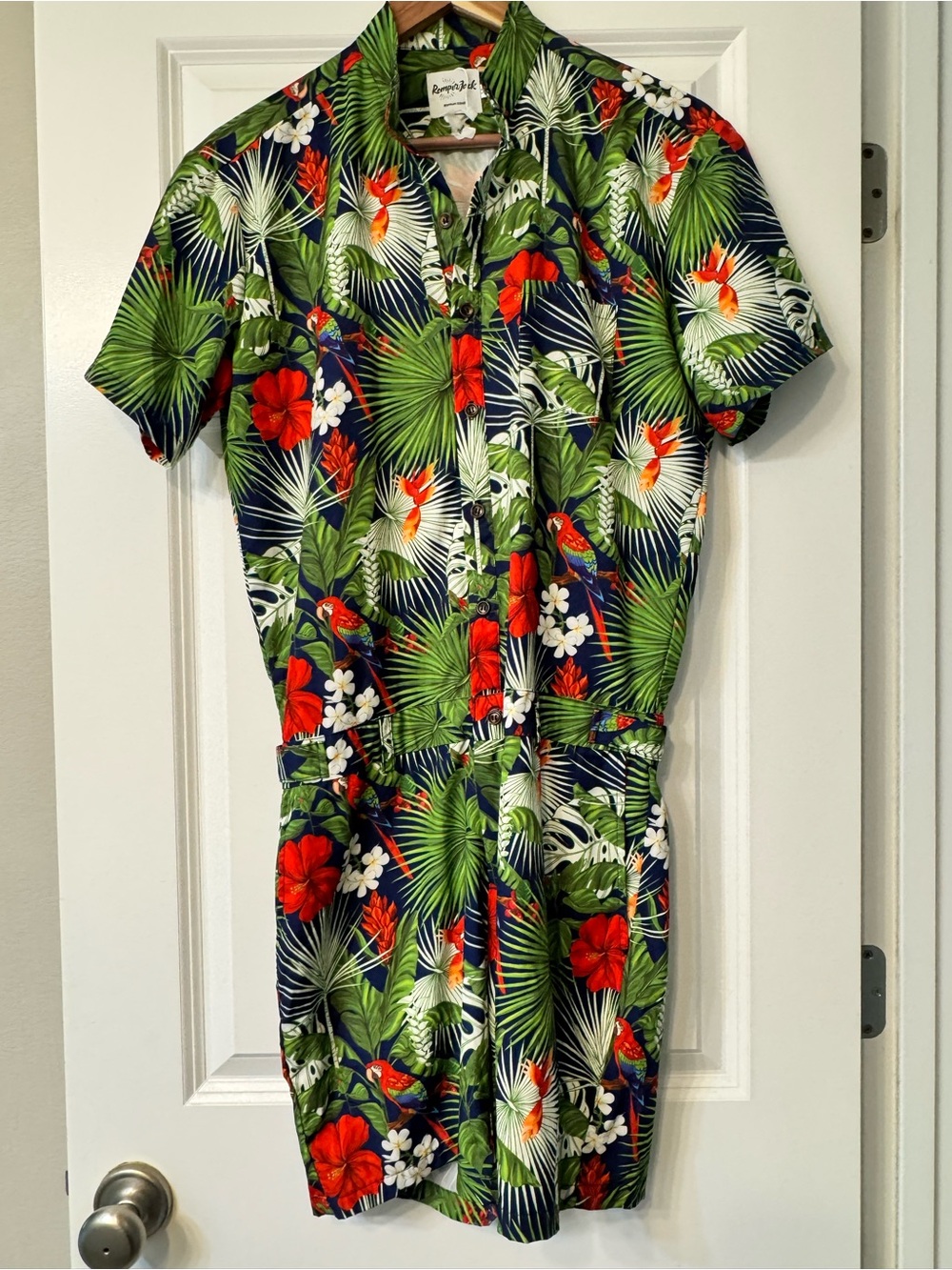 Atmosphere Tropical Floral Short-Sleeve Romper in Green/Navy from London
